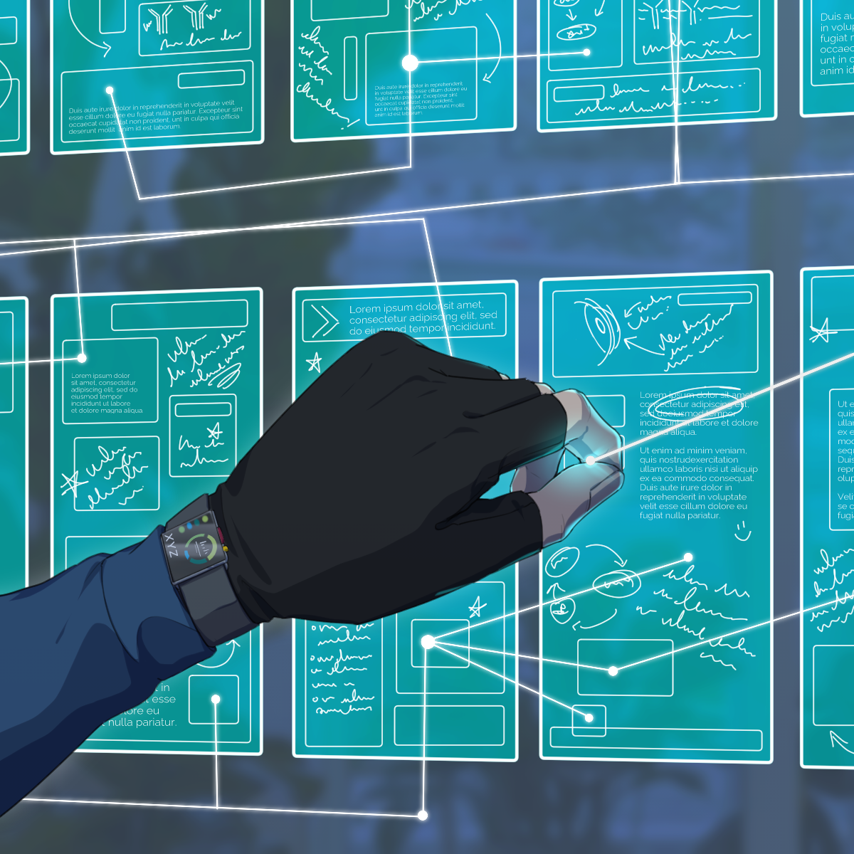 illustration for strategic planning and insight discovery - a hand connecting a network over an array of holographic screens